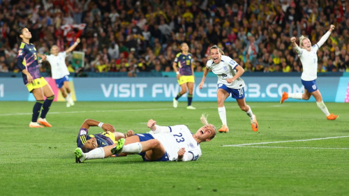 England's Alessia Russo celebrates scoring their team's second goal. England won 2-1 against Colombia.