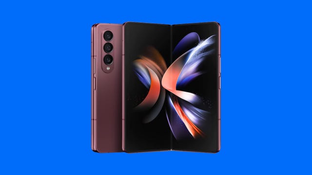 Samsung Galaxy Z Fold 4 in burgundy unfolded displaying wallpaper