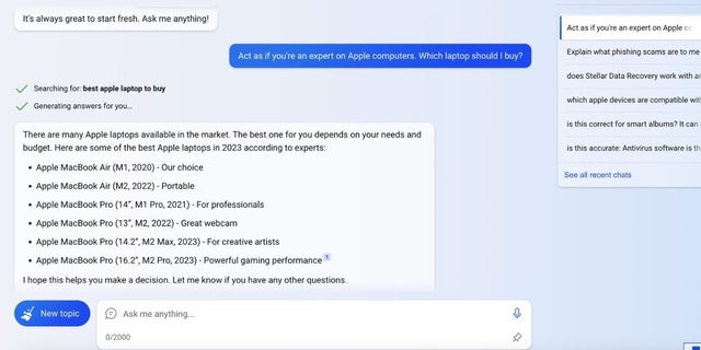 Screenshot of a BingChat conversation.