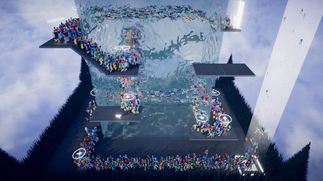 Masses of people wandering on platforms in the video game Humanity
