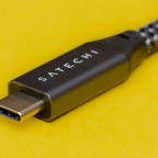 a closeup of the USB-C connector on a Satechi 2.6ft USB 4 cable