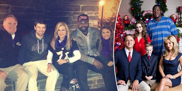 Picture of the Tuohy family and Michael Oher sitting on a fireplace bench smiling for a photo split Tuohy Family/Michael portrayed in the movie "The Blind Side" posing for a family photo