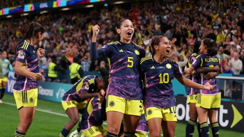 Colombia celebrates its winning goal against Germany. 