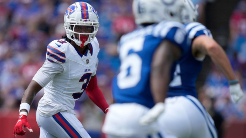 Buffalo Bills safety Damar Hamlin (3) drops into coverage during the first half of an NFL preseason football game against the Indianapolis Colts in Orchard Park, N.Y., Saturday, Aug. 12, 2023. (AP Photo/Charles Krupa)