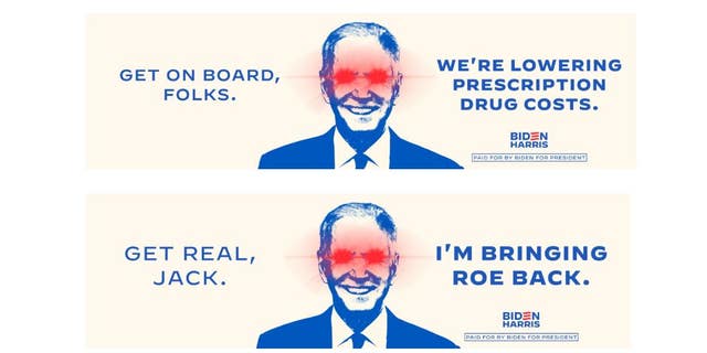 Biden Harris billboards on drug costs and "bringing roe back"
