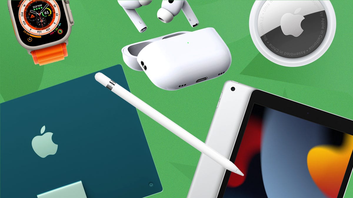 Apple products on a green background.