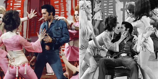 A side-by-side photo of Elvis Presley in a denim suit dancing with women in pink costumes