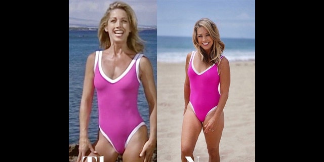 A side-by-side photo of Denise Austin wearing a pink swimsuit