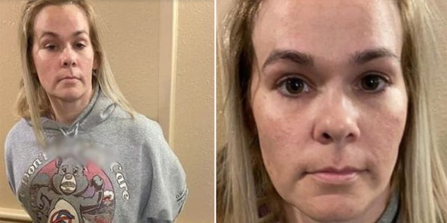 Jennifer Hall in hoodie in mug shot, left; close-up right