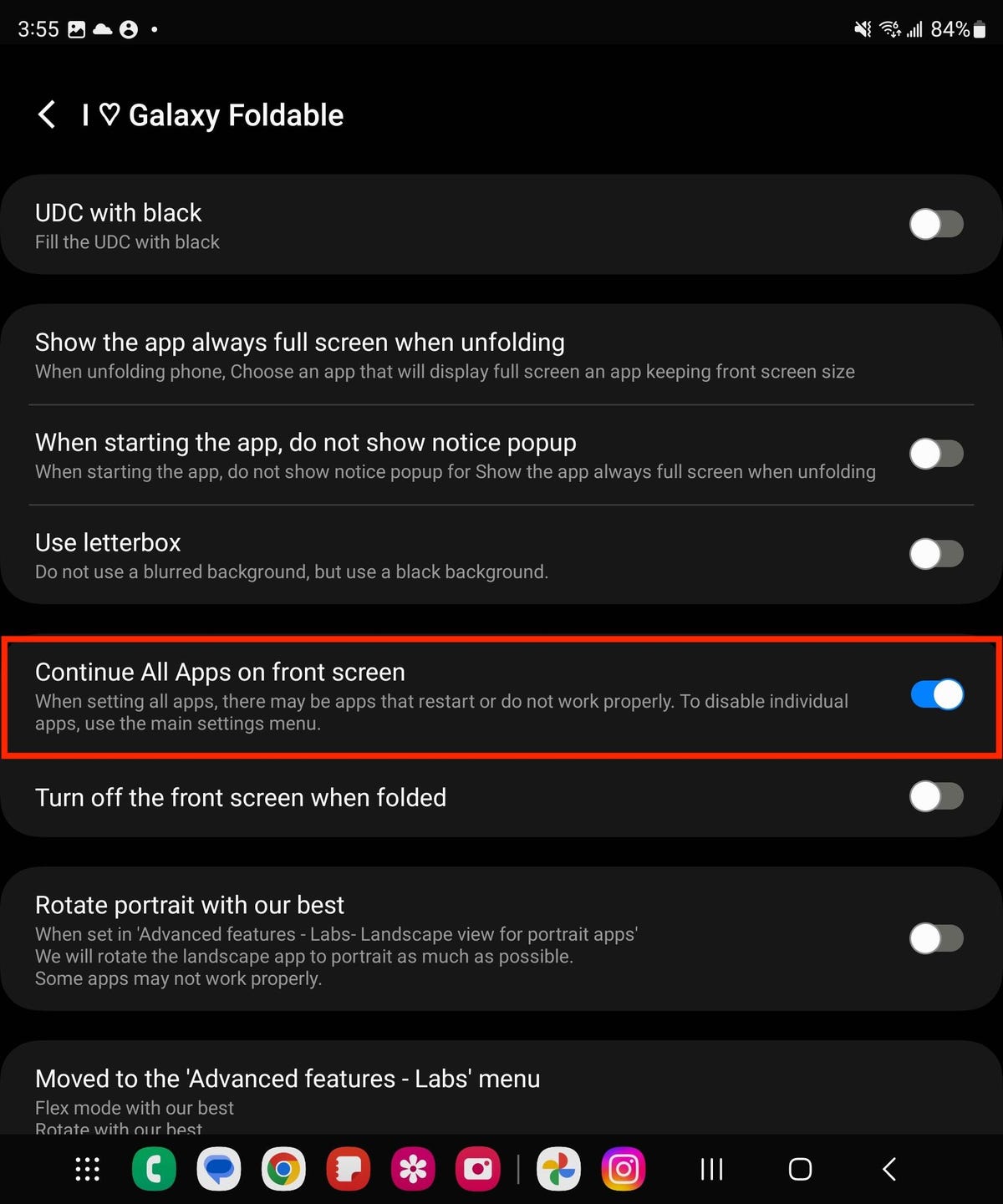 Setting that forces apps to transfer from main screen to front screen
