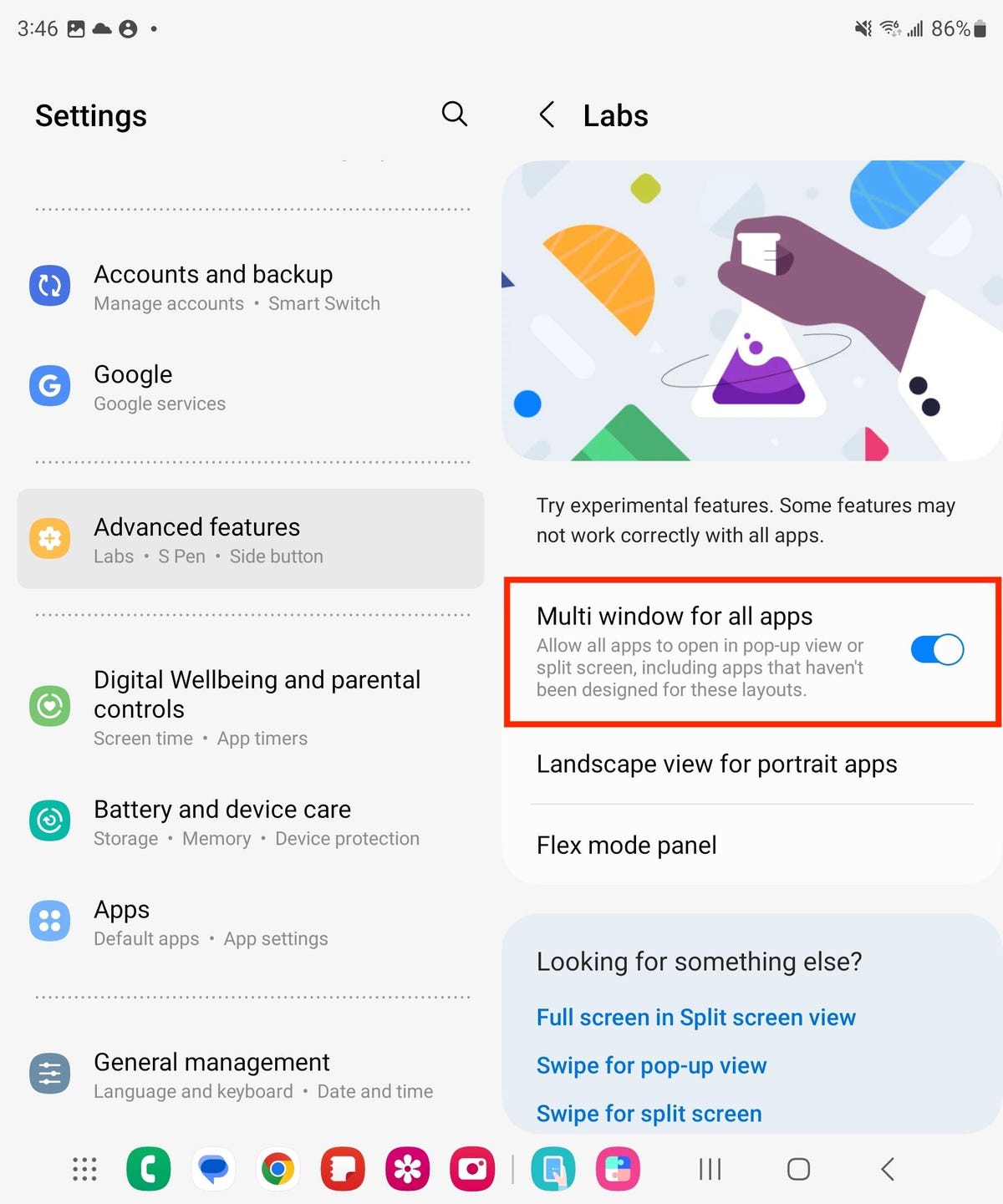 Setting to use multi window for all apps on the Z Fold 5