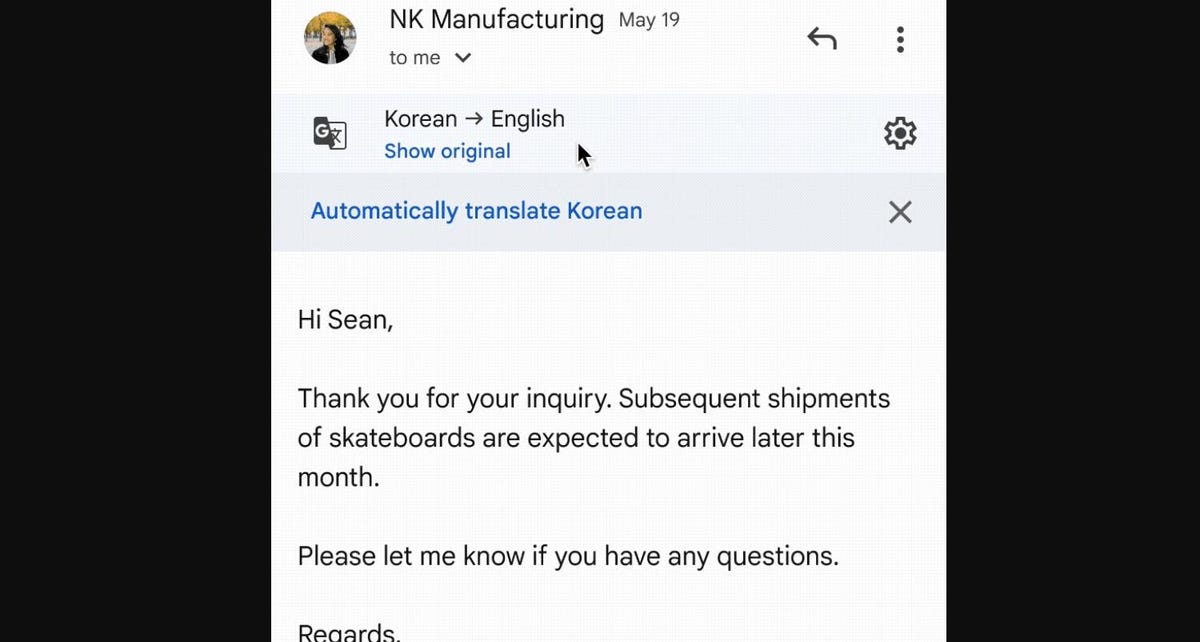 email message with option to translate