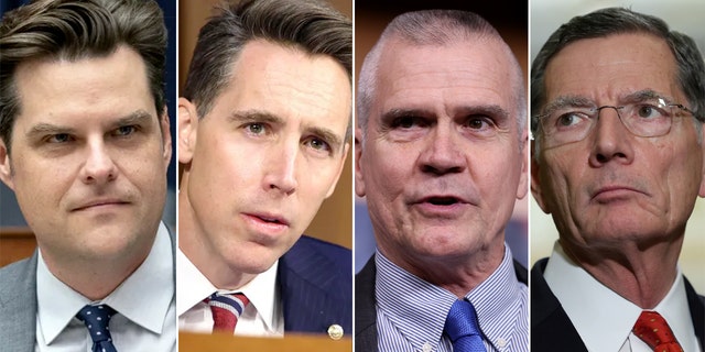 Rep. Matt Gaetz, Sen. Josh Hawley, Rep. Rosendale and Sen. John Barrasso serious facial expressions