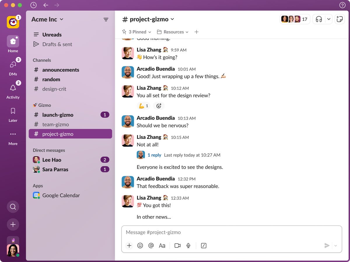 A view of the desktop version of Slack after its big 2023 update.