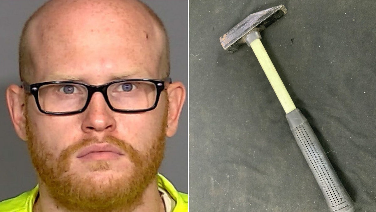 Booking photo of Hahn next to a stock photo of a tinner hamnmer.