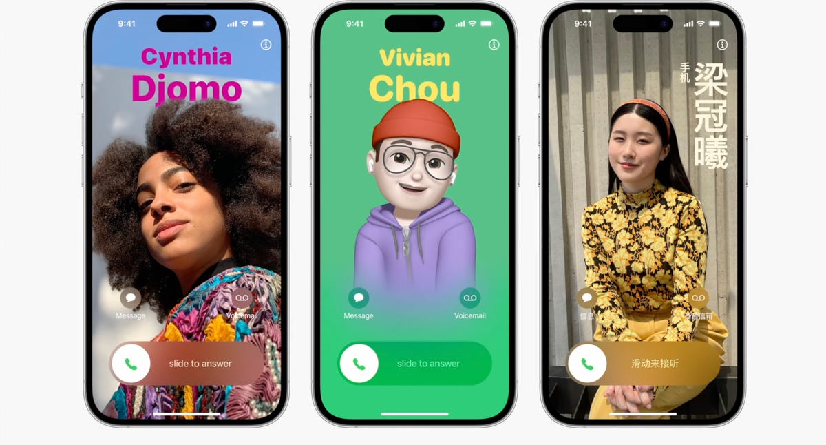 Three iPhones, each showing a different Contact Poster