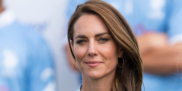 A close-up of Kate Middleton in a sky blue dress looking serious