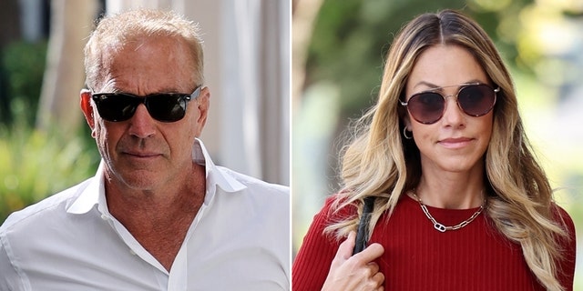 Kevin Costner wears white button-down shirt, Christine Baumgartner sports red blouse and slacks