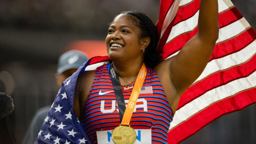 BUDAPEST, HUNGARY - AUGUST 22: Laulauga Tausaga of the United States following the women's discus throw final during day four of the World Athletics Championships Budapest 2023 at National Athletics Centre on August 22, 2023 in Budapest, Hungary. (Photo by Sam Mellish/Getty Images)