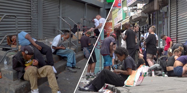 Drug users with needles on a Kensington sidewalk