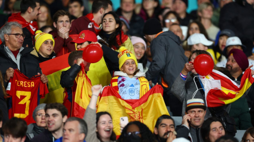 Spain fans celebrate in the stands during their team's first ever semifnal.