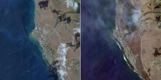 Satellite images provided by Maxar Technologies show an overview of Lahaina