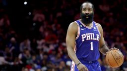 PHILADELPHIA, PENNSYLVANIA - MAY 11: James Harden #1 of the Philadelphia 76ers dribbles against the Boston Celtics during the third quarter in game six of the Eastern Conference Semifinals in the 2023 NBA Playoffs at Wells Fargo Center on May 11, 2023 in Philadelphia, Pennsylvania. NOTE TO USER: User expressly acknowledges and agrees that, by downloading and or using this photograph, User is consenting to the terms and conditions of the Getty Images License Agreement. (Photo by Tim Nwachukwu/Getty Images)