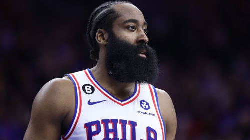 James Harden of the Philadelphia 76ers looks on during a game at the Wells Fargo Center in Philadelphia in December 2022.