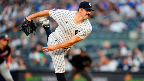 New York Yankees' Carlos Rodón pitches during the first inning of the team's baseball game against the Washington Nationals on Tuesday, August 22, 2023, in New York.