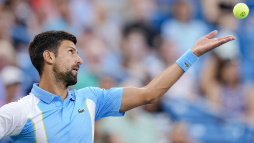 MASON, OHIO - AUGUST 16: Novak Djokovic of Serbia serves to Alejandro Davidovich Fokina of Spain during their match at the Western & Southern Open at Lindner Family Tennis Center on August 16, 2023 in Mason, Ohio. (Photo by Aaron Doster/Getty Images)