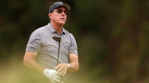 Phil Mickelson watches his tee shot from the seventh tee during the second round of the 123rd U.S. Open Championship at The Los Angeles Country Club on June 16, 2023.
