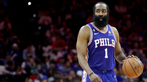 PHILADELPHIA, PENNSYLVANIA - MAY 11: James Harden #1 of the Philadelphia 76ers dribbles against the Boston Celtics during the third quarter in game six of the Eastern Conference Semifinals in the 2023 NBA Playoffs at Wells Fargo Center on May 11, 2023 in Philadelphia, Pennsylvania. NOTE TO USER: User expressly acknowledges and agrees that, by downloading and or using this photograph, User is consenting to the terms and conditions of the Getty Images License Agreement. (Photo by Tim Nwachukwu/Getty Images)