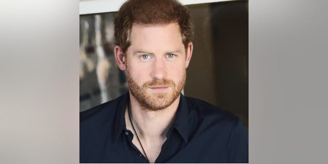 Close up of Prince Harry with thicker, darker hair than usual