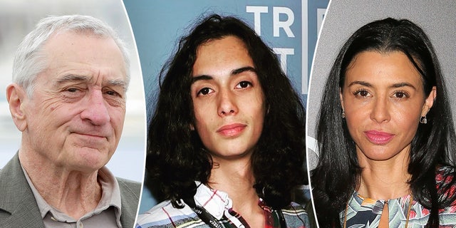Robert De Niro at Cannes has a smirk on his face split Leandro De Niro Rodriguez in a plaid shirt on the carpet split Drena De Niro in a colorful dress with a cutout at the top