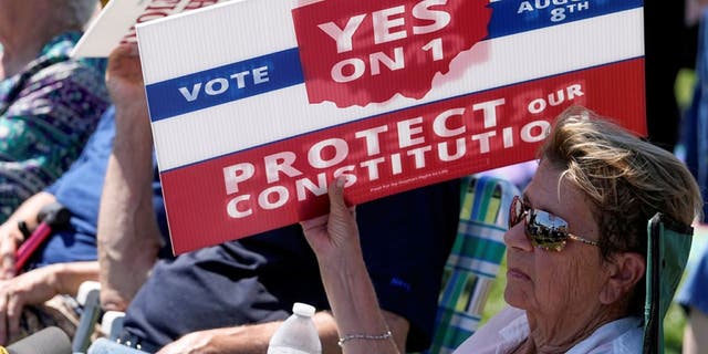 man holding Yes on 1 placard in Ohio protest