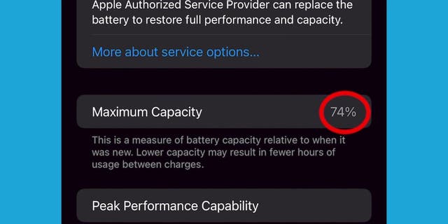 Screenshot of Maximum Capacity at 74% on an iPhone