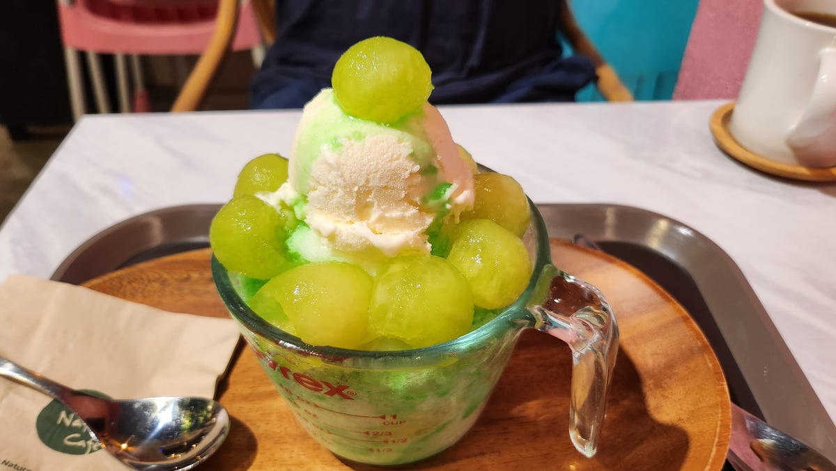 A photo of vanilla ice cream and frozen melon taken on the Galaxy Z Flip 4.