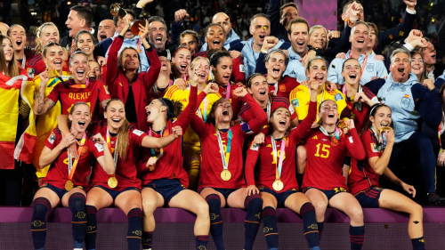 Spain's team celebrate with the trophy after winning the final of the Women's World Cup.