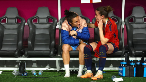 Soccer Football - FIFA Women's World Cup Australia and New Zealand 2023 - Final - Spain v England - Stadium Australia, Sydney, Australia - August 20, 2023 Spain's Ona Batlle with England's Lucy Bronze after the match REUTERS/Carl Recine