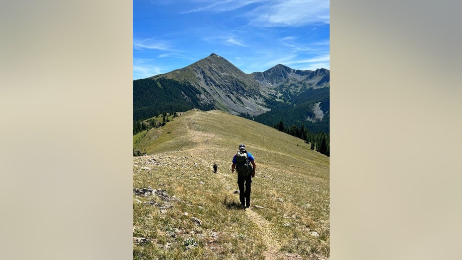A man and a dog walk on a hiking trail with a large mountain in the background