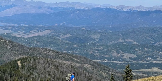 A man and a dog search on a trail with mountains in the background