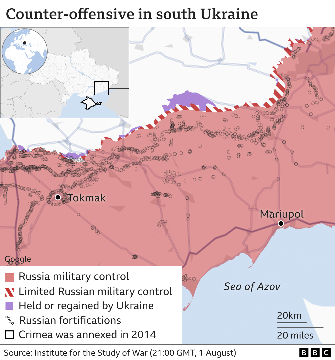 Zoomed in map of area Ukraine has regained