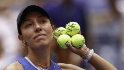 USA's Jessica Pegula reacts after facing Italy's Camila Giorgi during the US Open tennis tournament women's singles first round match at the USTA Billie Jean King National Tennis Center in New York City, on August 29, 2023. (Photo by KENA BETANCUR / AFP) (Photo by KENA BETANCUR/AFP via Getty Images)