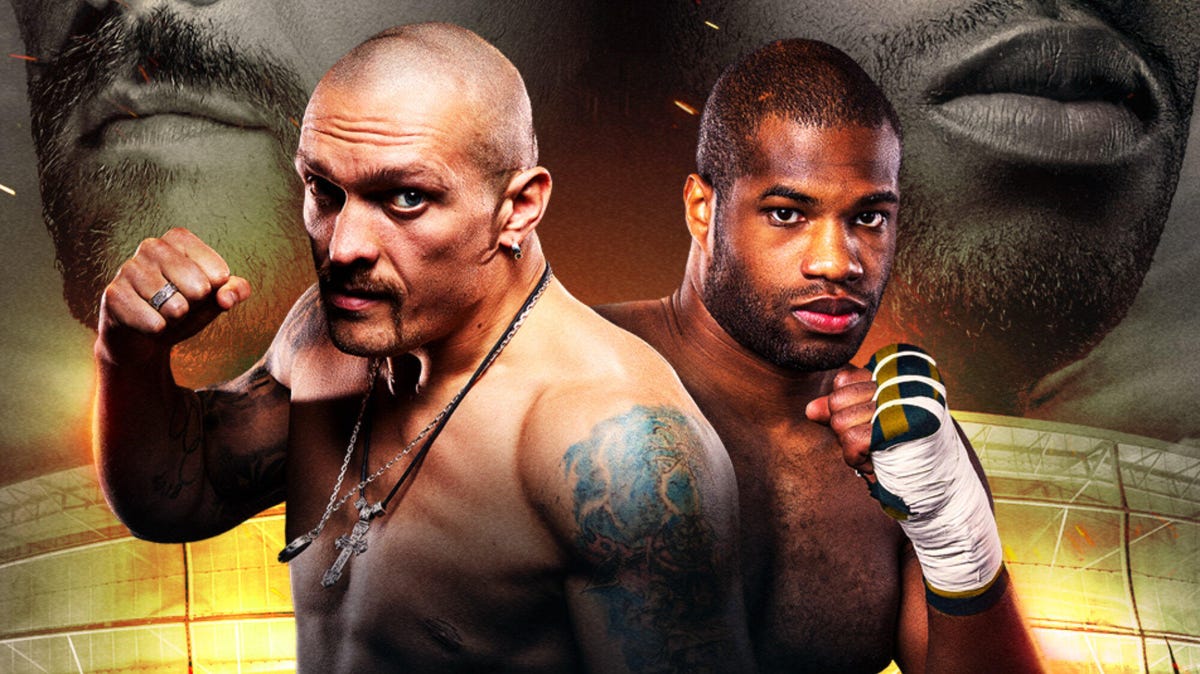 A composite promotional image for the heavyweight boxing fight between Oleksandr Usyk and Daniel Dubois.