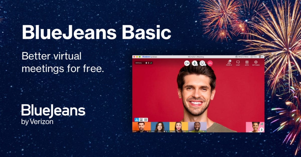 display screen showing virtual meeting against backdrop for Verizon's BlueJeans Basic