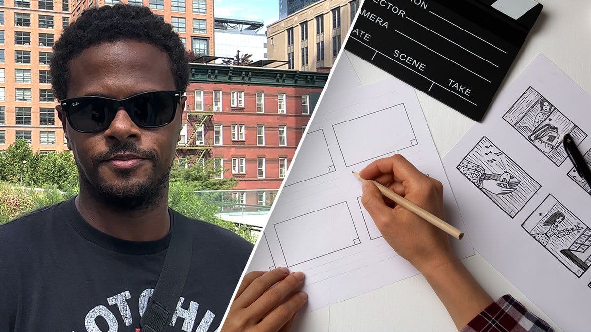 man in new york city in tshirt, hand drawing cartoons