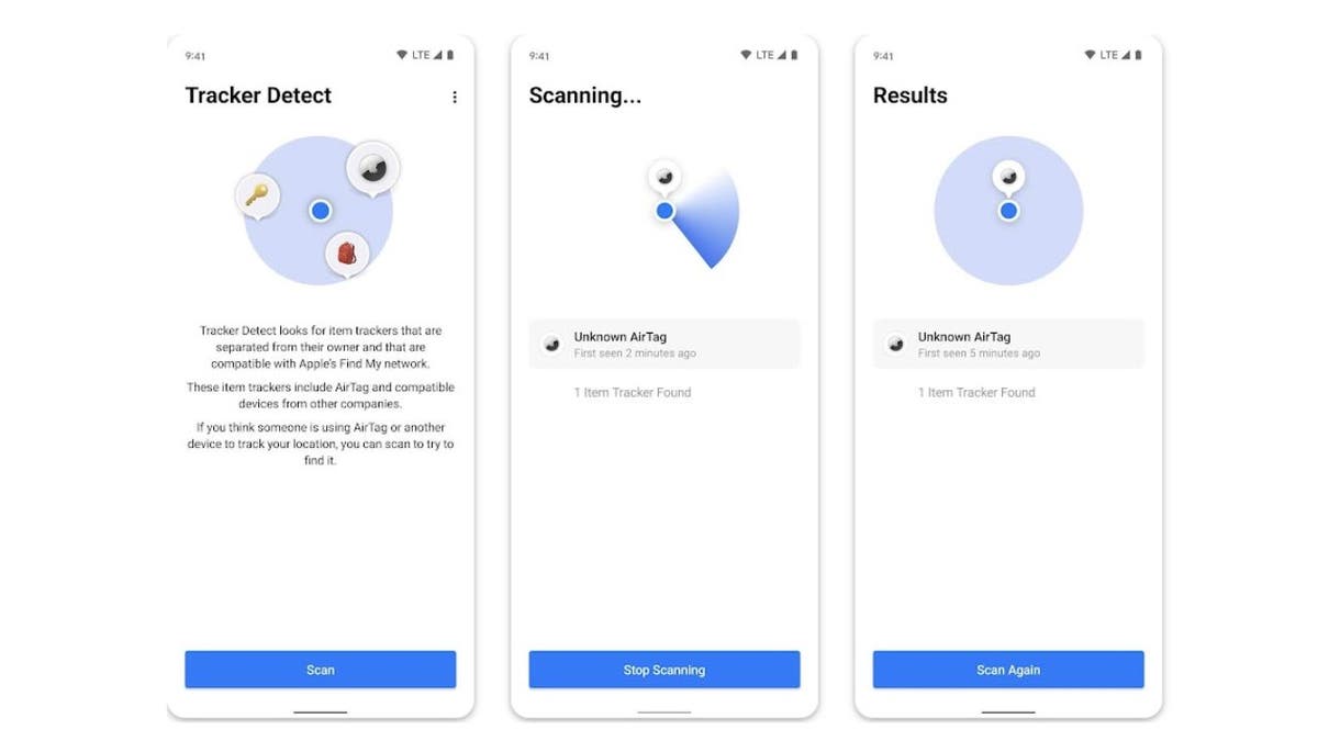 Screenshots of the Tracker Detect app.