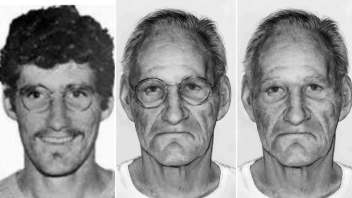 A photo of Leo Frederick Burt from 1969 compared to two new age-progressed photos of Burt