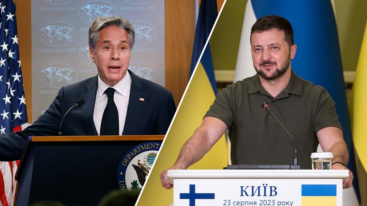 Side by side photo of Blinken and Zelenskyy