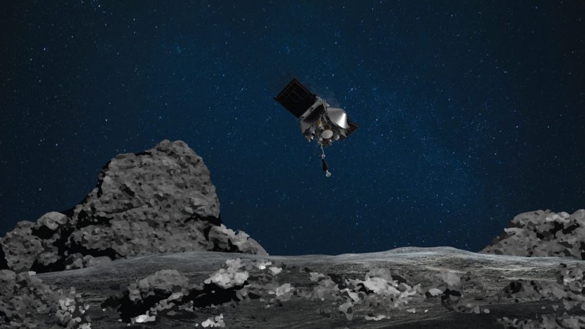 An illustration of OSIRIS-REx approaching Bennu